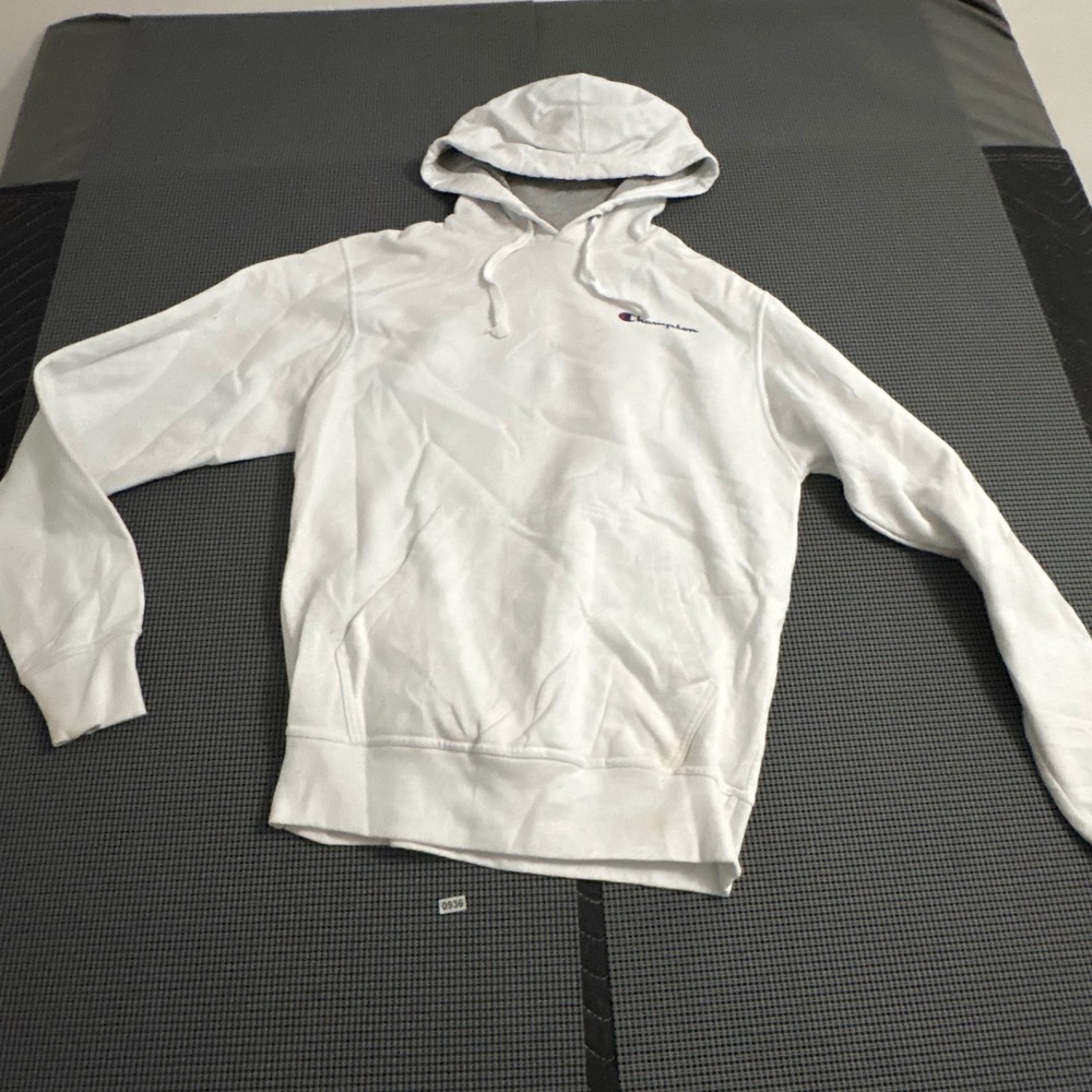 Champion‎ Mens White Pullover Hoodie Sweatshirt Script Logo Small AWF004